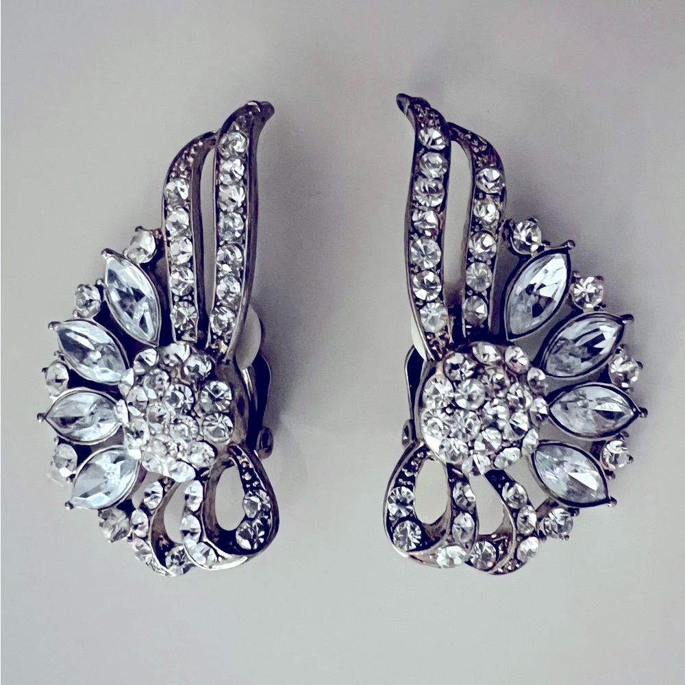 Vintage Silver Crystal Clip-On Earrings